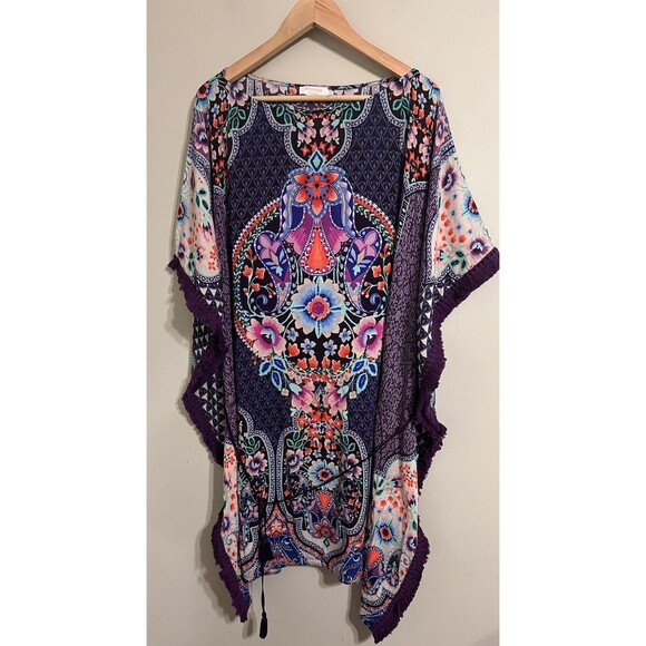 Johnny Was Saba Tunic Dress Coverup Purple Floral Fringe Kaftan Boho Chic size L - Picture 3 of 10